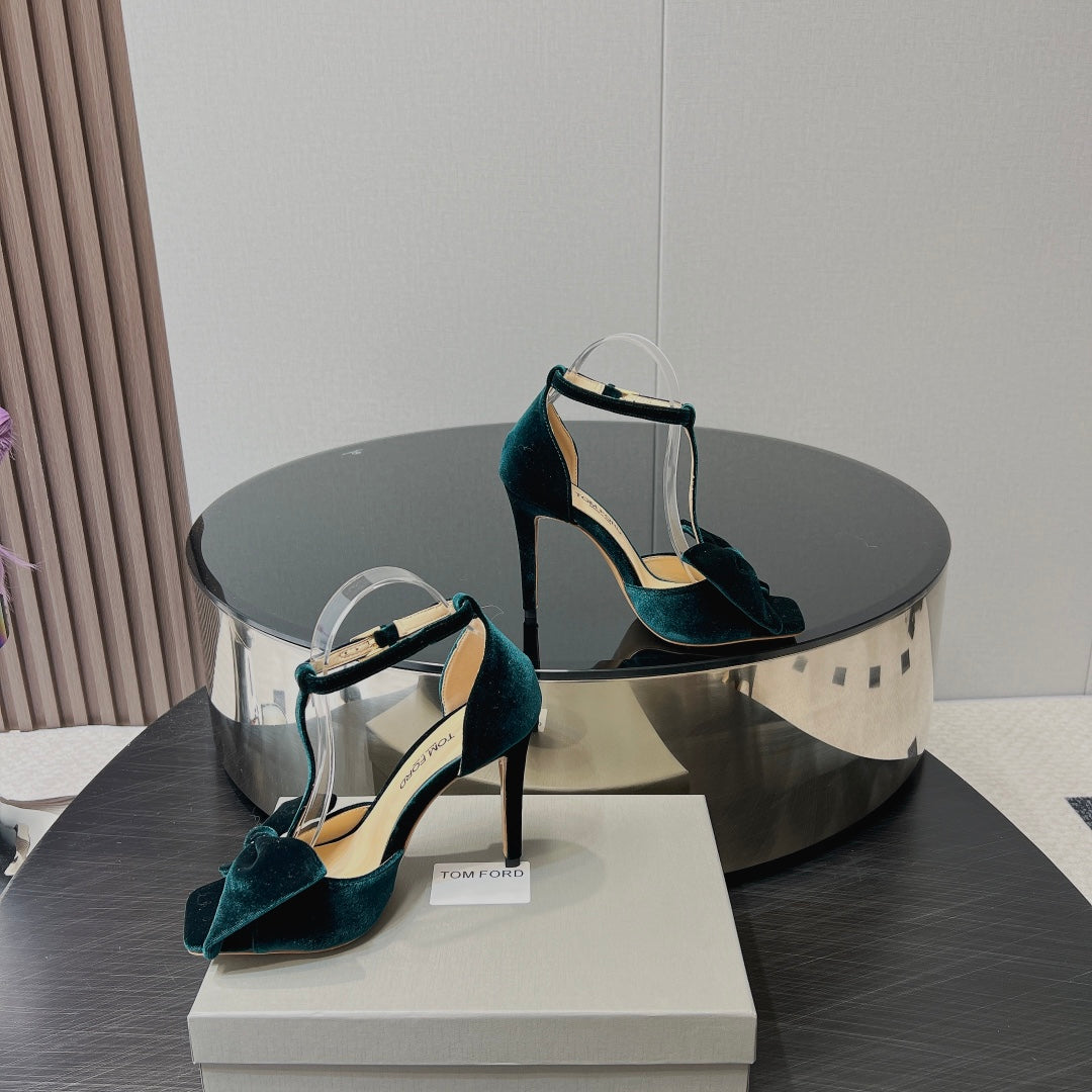 HIGH HEEL 10 SANDAL IN GREEN FOREST VELVET WITH BOW