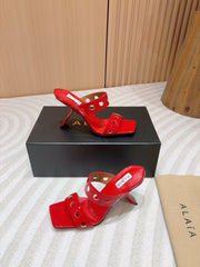 ALAIA TWO-STRAPS HIGH HEEL SANDALS IN CHERRY RED PATENT LAMBSKIN