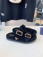 PRA STRAP SLIDES SANDALS BLACK SUEDE