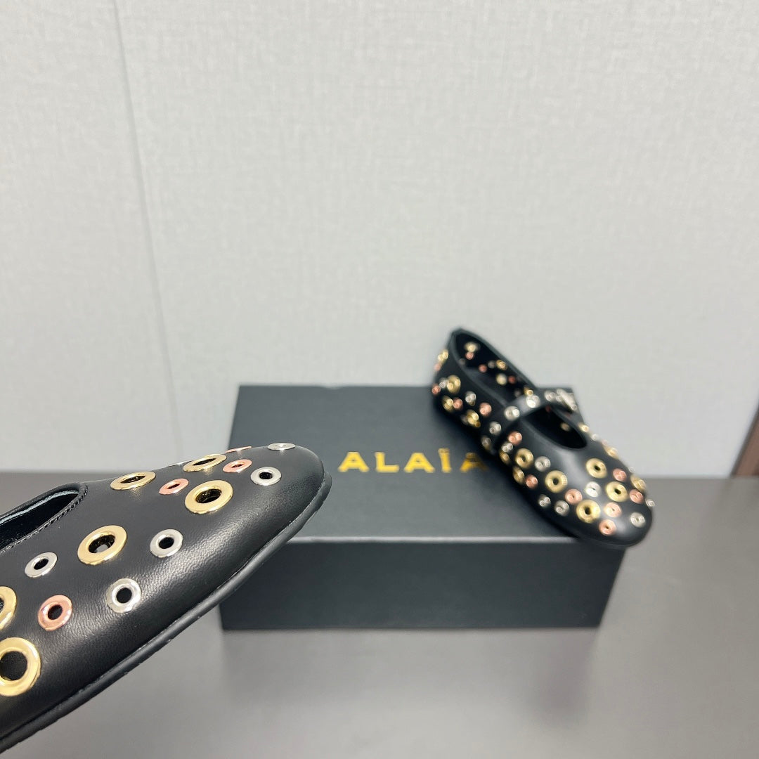 ALAIA MARY JANE SHOES IN BLACK LAMBSKIN GOLD MIX SILVER HARDWARE