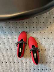 ALAIA MARY JANE SHOES IN CHERRY RED ZP CUSTOM STRAW AND DENIM