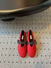 ALAIA MARY JANE SHOES IN CHERRY RED ZP CUSTOM STRAW AND DENIM