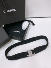 CC ELASTIC BELT 30MM IN BLACK WOOL FABRIC SILVER HARDWARE WITH RHINSTONES