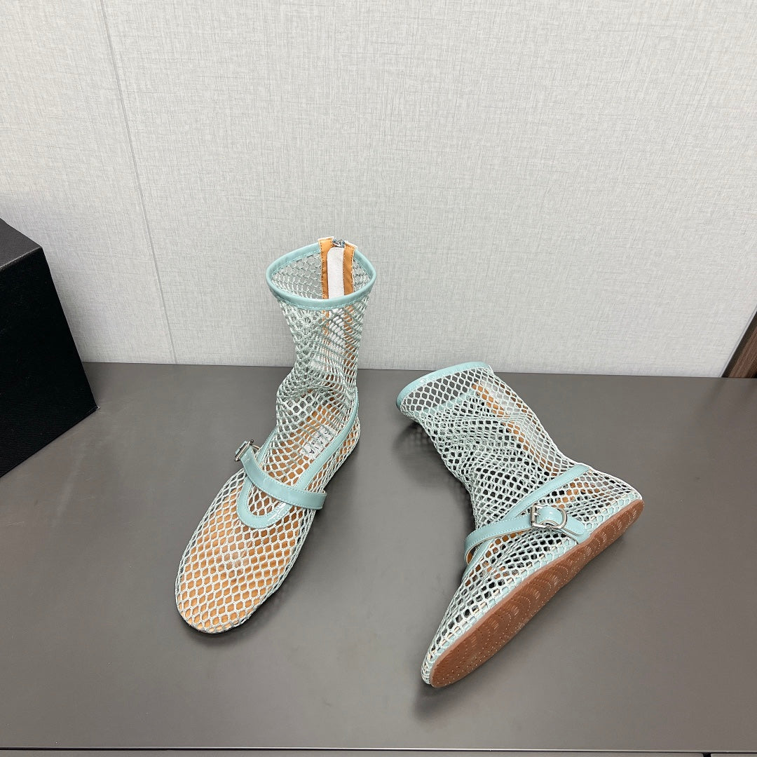 ALAIA SHORT BOOTS IN LIGHT BLUE MESH FISHNET