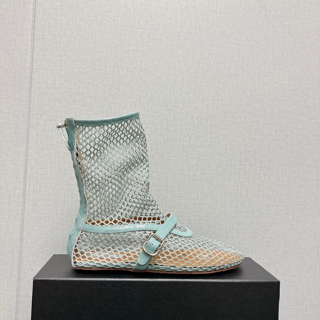 ALAIA SHORT BOOTS IN LIGHT BLUE MESH FISHNET