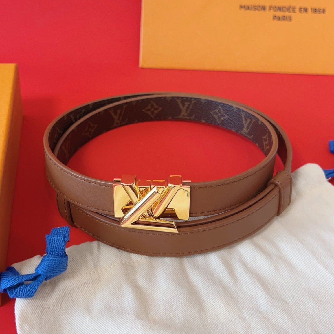 LV GO-14 20MM BELT IN BRONZE BROWN CALFSKIN GOLD HARDWARE