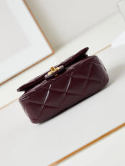 FLAP BAG WITH TOP HANDLE 18 IN WINE RED OIL-WAX LAMBSKIN GOLD HARDWARE