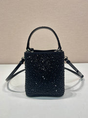 PANIER BUCKET BAG 16 IN BLACK CALFSKIN ATTACHED FULL CRYSTALS