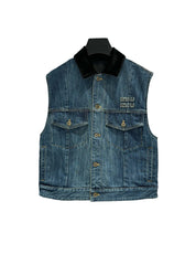 Miu Navy Denim Trucker Vest