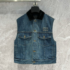 Miu Navy Denim Trucker Vest