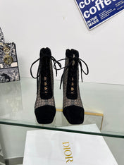 NAUGHTILY-D HEELED ANKLE BOOT IN BLACK EMBROIDERED MESH AND SUEDE 8 CM