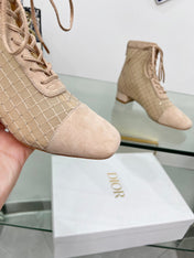 NAUGHTILY-D HEELED ANKLE BOOT IN BISQUE BEIGE EMBROIDERED MESH AND SUEDE 35 MM