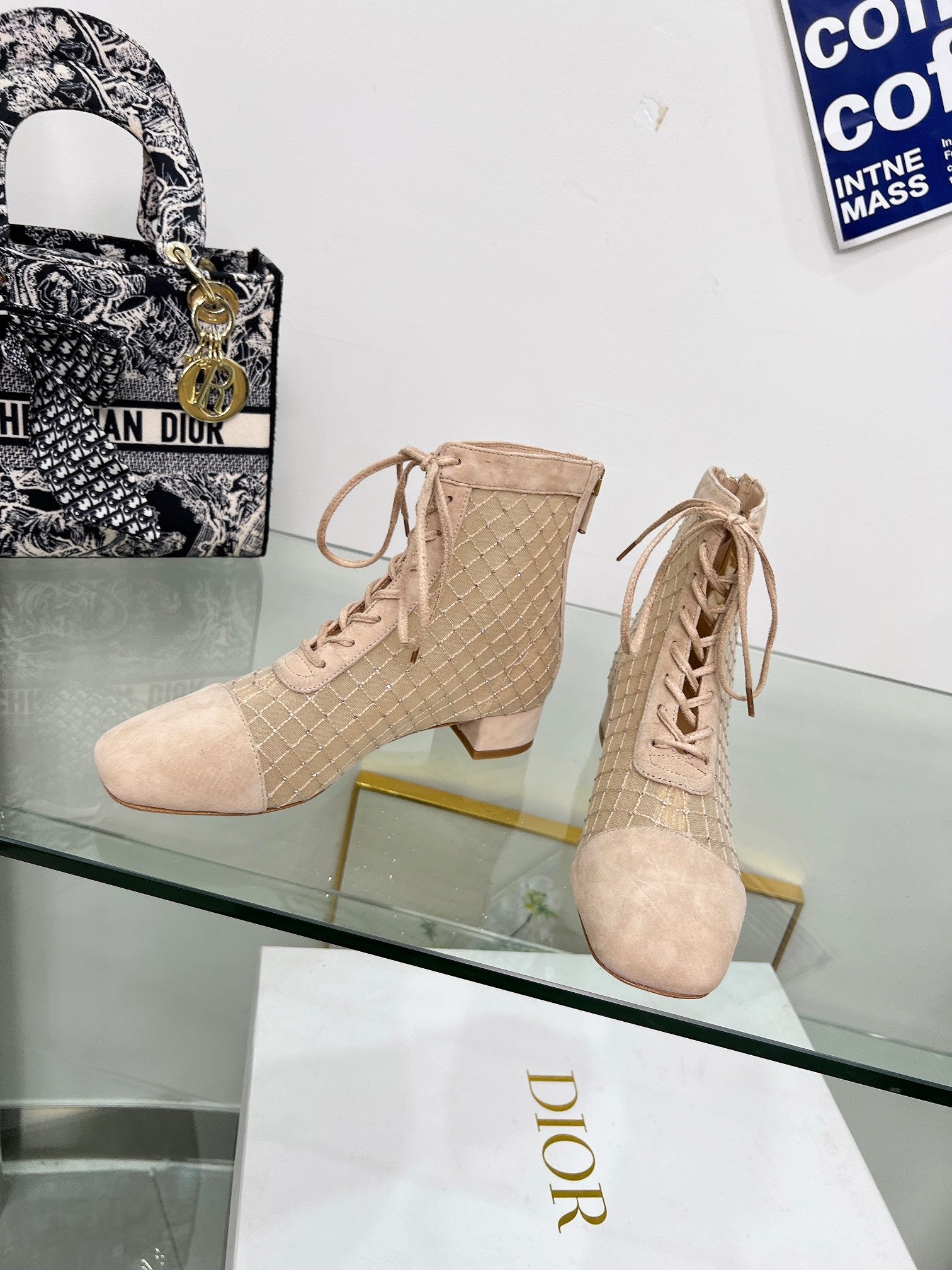NAUGHTILY-D HEELED ANKLE BOOT IN BISQUE BEIGE EMBROIDERED MESH AND SUEDE 35 MM