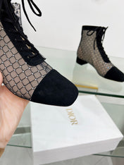 NAUGHTILY-D HEELED ANKLE BOOT IN BLACK EMBROIDERED MESH AND SUEDE 35 MM