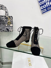 NAUGHTILY-D HEELED ANKLE BOOT IN BLACK EMBROIDERED MESH AND SUEDE 35 MM