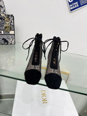 NAUGHTILY-D HEELED ANKLE BOOT IN BLACK EMBROIDERED MESH AND SUEDE 35 MM