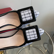 EFFLORESCENCE BALLERINAS PUMPS IN WHITE TWEED WITH FINE BLACK STRIPES EMBELLISHED CRYSTALS