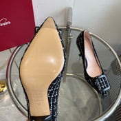 EFFLORESCENCE BALLERINAS PUMPS IN BLACK TWEED WITH FINE WHITE STRIPES EMBELLISHED CRYSTALS