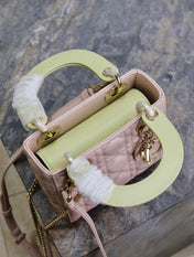 MINI LADY BAG 17 IN BABY PINK QUILTED MACROCANNAGE CALFSKIN SWAMP YELLOW STRAP