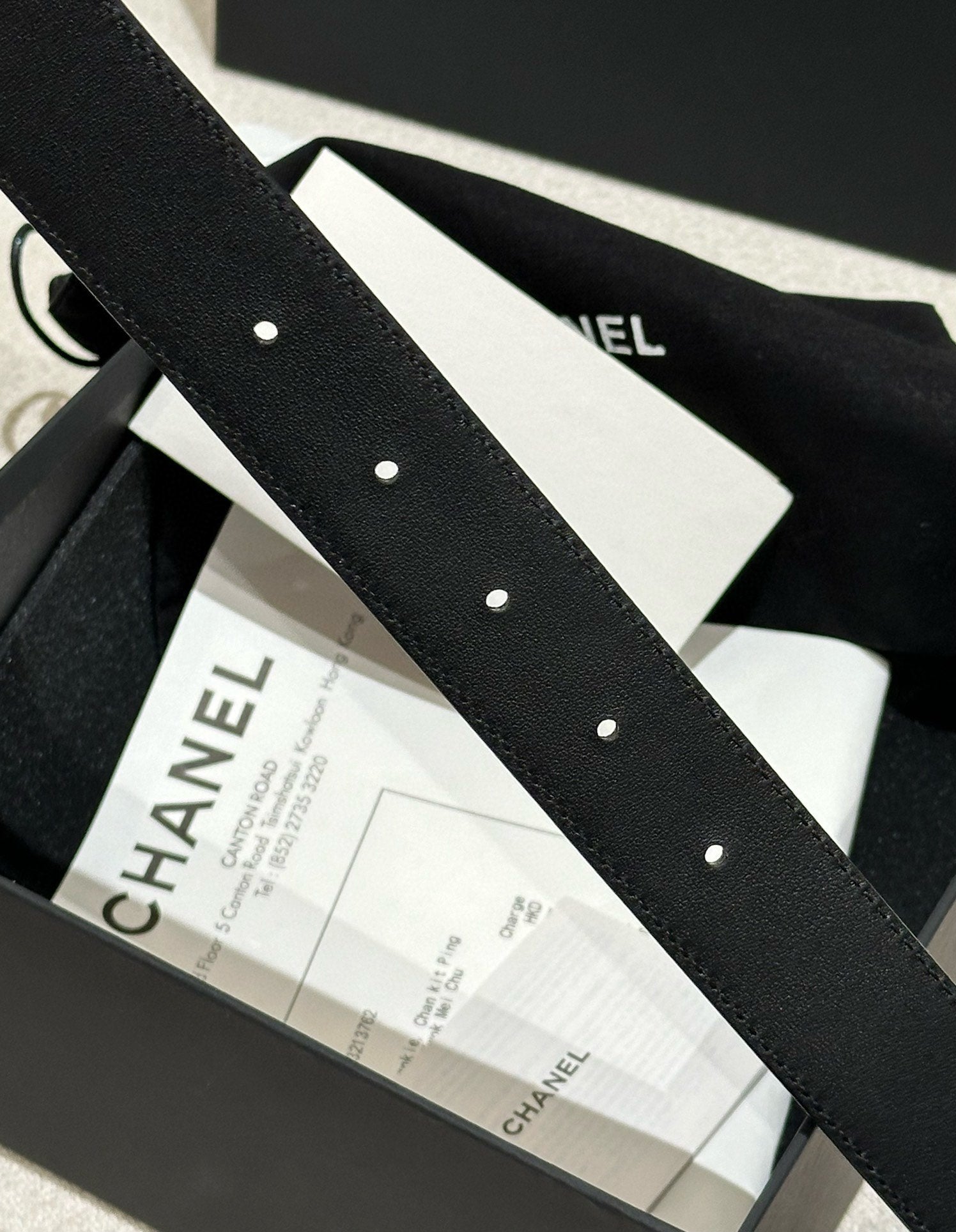 DOUBLE C BELT 30MM IN BLACK CALFSKIN EMBOSSED LOGO GOLD BUCKLE