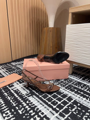 STRAP HIGH HEEL SANDALS IN CHOCOLATE SHINY LAMBSKIN