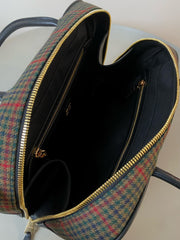 BEAU TOP HANDLE BAG 34 IN LODEN GREEN TARTAN AND BLACK LEATHER TRIM