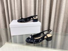 PEARL MARY JANE SLINGBACKS IN BLACK MIX WHITE TWEED 30 MM