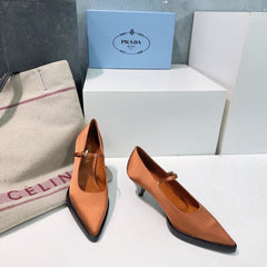 POINTED TOE MEDIUM HEEL PUMPS IN BURNT ORANGE SILK