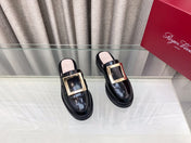 VIV' RANGERS MULES IN BLACK PATENT CALFSKIN GOLD BUCKLE