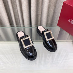 VIV' RANGERS MULES IN BLACK PATENT CALFSKIN CRYSTAL BUCKLE