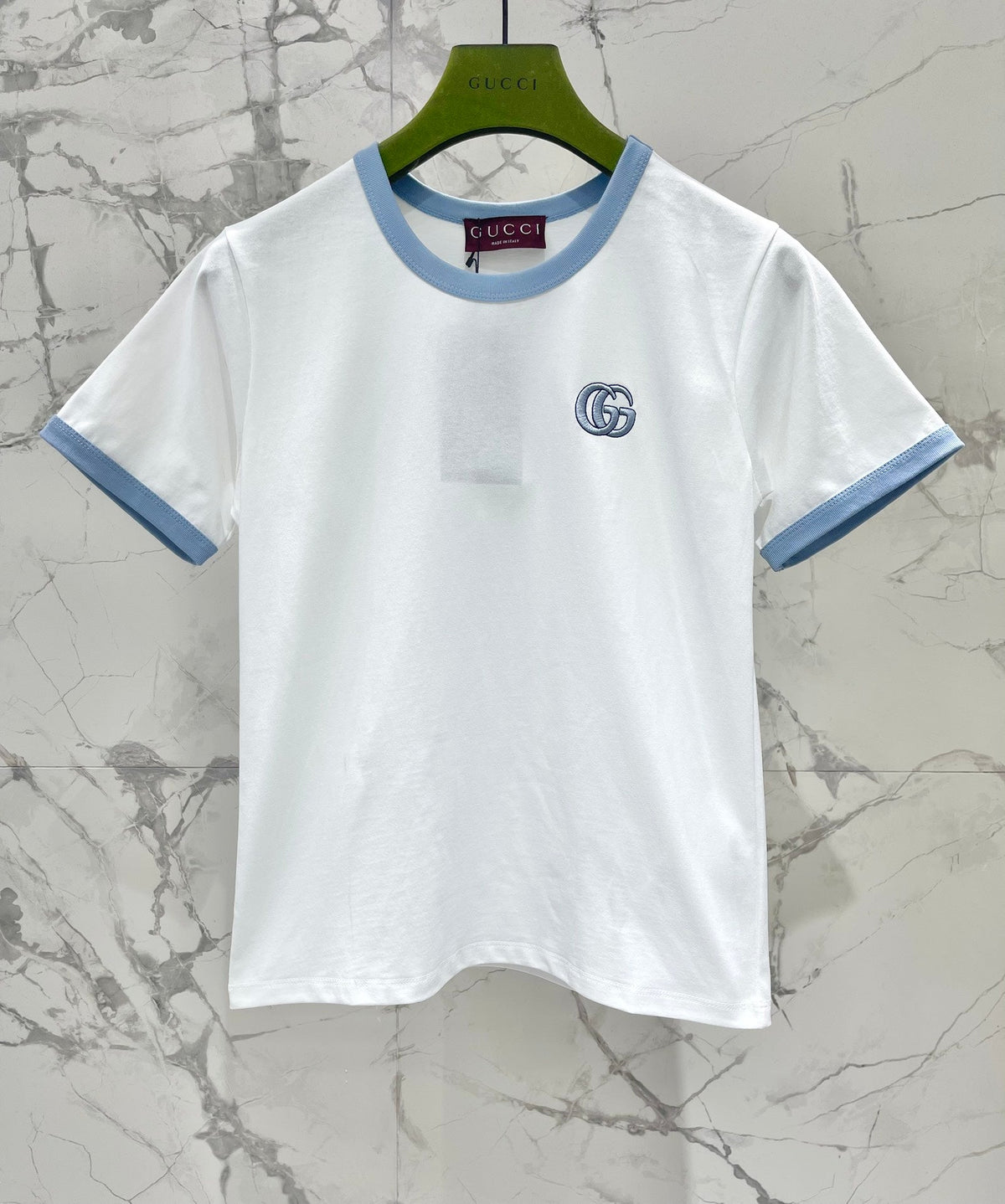 Gucci Embroidered Short Sleeves T-shirt White Blue Cotton