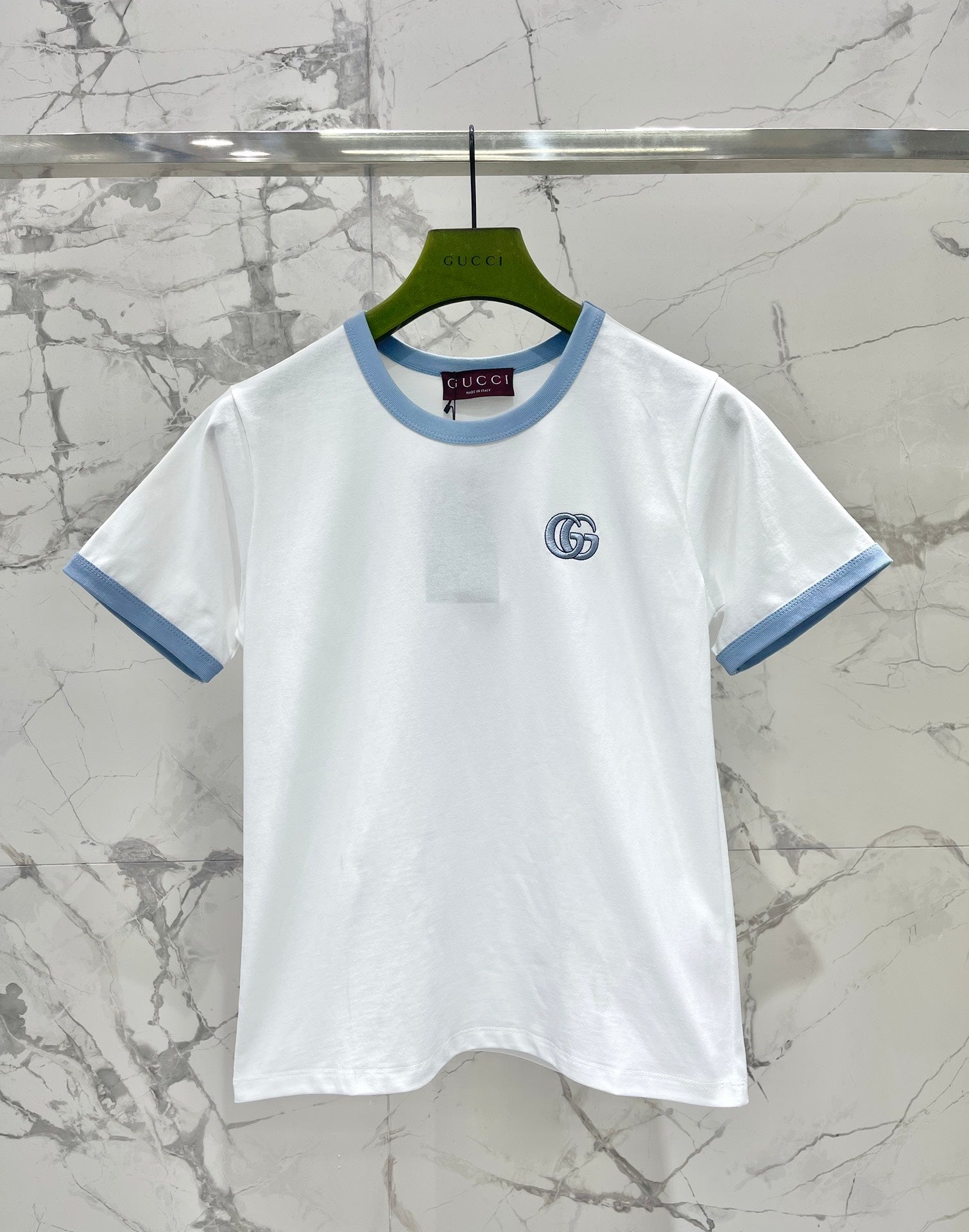 Gucci Embroidered Short Sleeves T-shirt White Blue Cotton