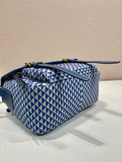 MESSENGER BAG 25 IN BLUE MIX WHITE TRIANGLE PATTERN EMBROIDERED FABRIC