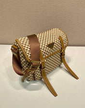 MESSENGER BAG 25 IN BROWN MIX CREAM TRIANGLE PATTERN EMBROIDERED FABRIC