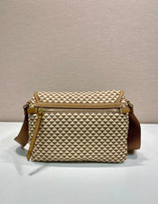 MESSENGER BAG 25 IN BROWN MIX CREAM TRIANGLE PATTERN EMBROIDERED FABRIC