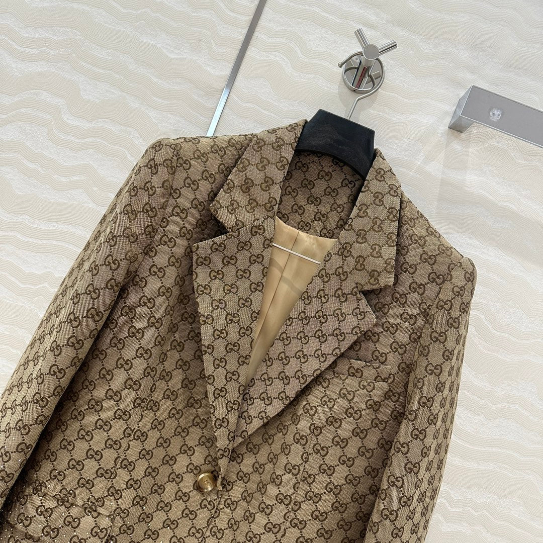Gucci GG Letter Jacquard Woven Jacket Light Brown Polyester Fiber