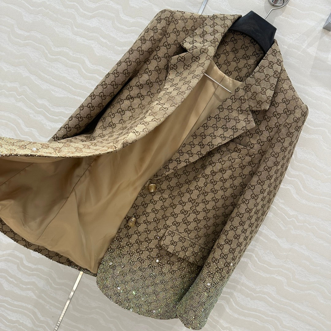 Gucci GG Letter Jacquard Woven Jacket Light Brown Polyester Fiber