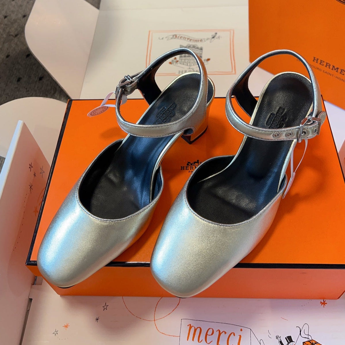 KLEO HIGH SLINGBACK IN SILVER CALFSKIN