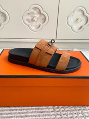 HM 26S KELLY BUCKLE DOUBLE STRAP SANDALS IN BROWN SUEDE SILVER HARDWARE