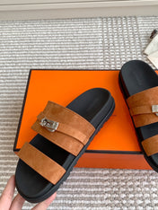 HM 26S KELLY BUCKLE DOUBLE STRAP SANDALS IN BROWN SUEDE SILVER HARDWARE