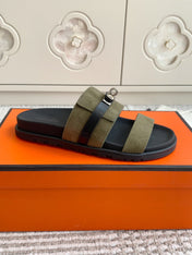 HM 26S KELLY BUCKLE DOUBLE STRAP SANDALS IN MOSS GREEN SUEDE SILVER HARDWARE