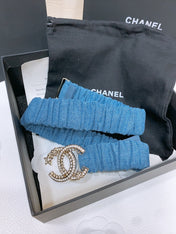 DOUBLE C ELASTIC BELT 30MM IN BLUE DENIM GOLD CRYSTAL STAR EMBELLISHED BUCKLE