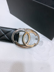 DOUBLE C BELT 38MM IN BLACK QUILTED LAMBSKIN WITH SILVER OVAL BUCKLE AND CENTERED LOGO