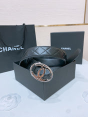 DOUBLE C BELT 38MM IN BLACK QUILTED LAMBSKIN WITH SILVER OVAL BUCKLE AND CENTERED LOGO