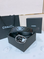 DOUBLE C BELT 38MM IN BLACK QUILTED LAMBSKIN SILVER OVAL BUCKLE CENTERED BLACK LOGO