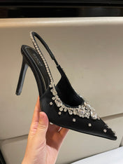 GG HIGH SLINGBACK 105 IN BLACK SATIN WITH CRYSTAL DIAMONDS
