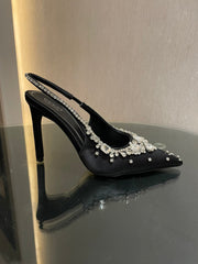 GG HIGH SLINGBACK 105 IN BLACK SATIN WITH CRYSTAL DIAMONDS