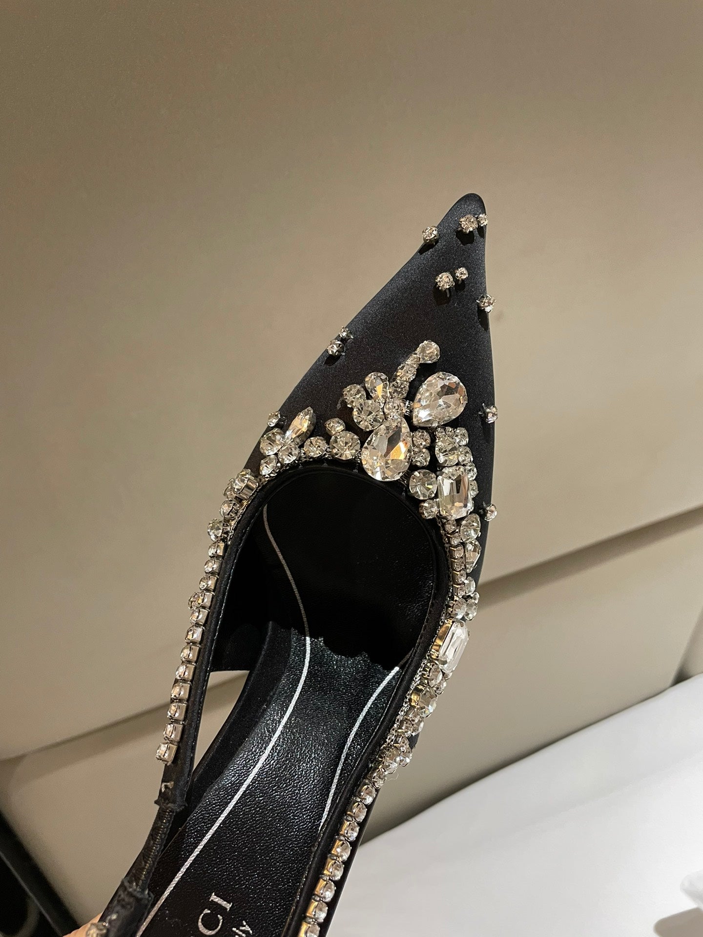 GG HIGH SLINGBACK 105 IN BLACK SATIN WITH CRYSTAL DIAMONDS