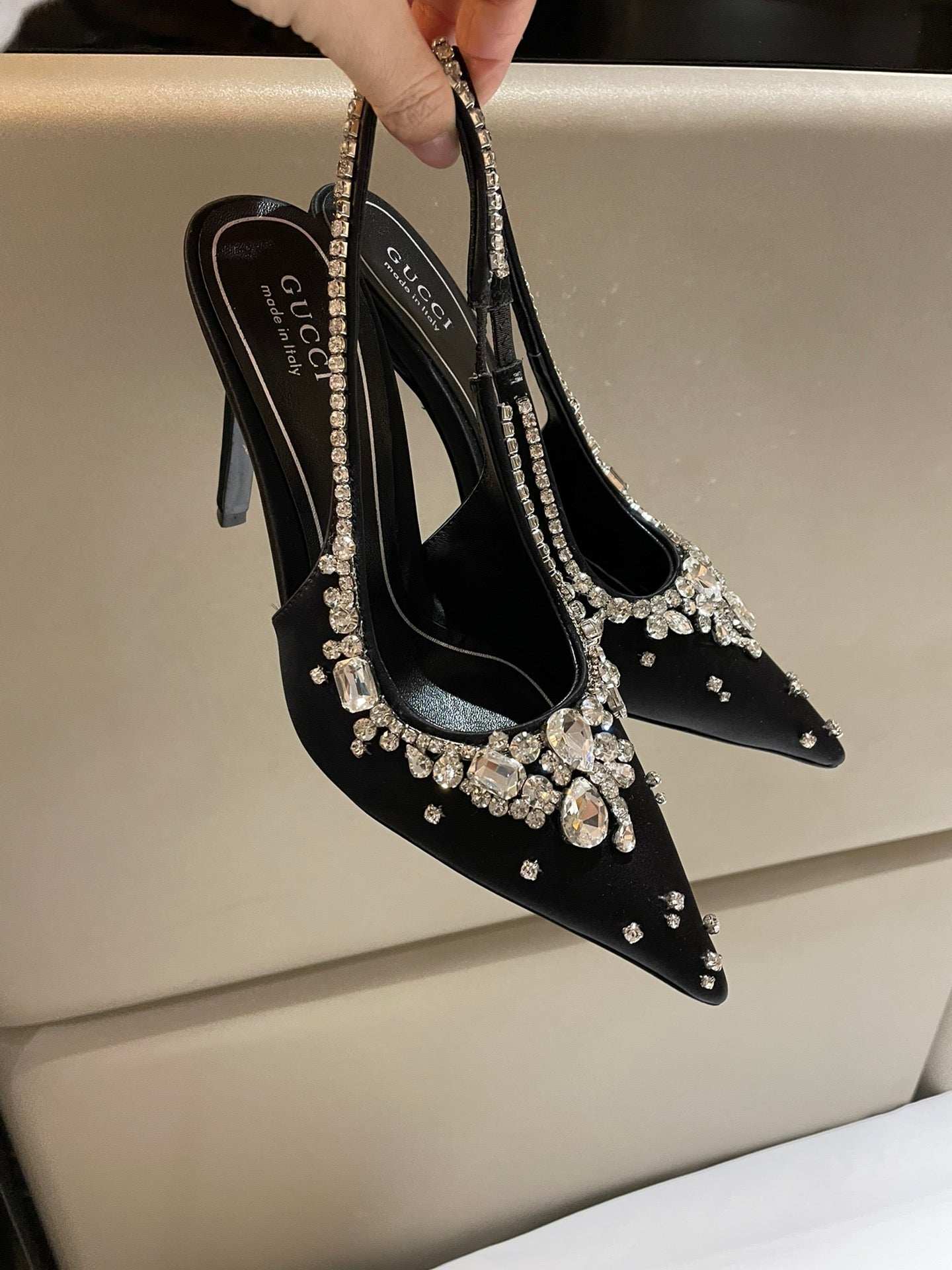 GG HIGH SLINGBACK 105 IN BLACK SATIN WITH CRYSTAL DIAMONDS