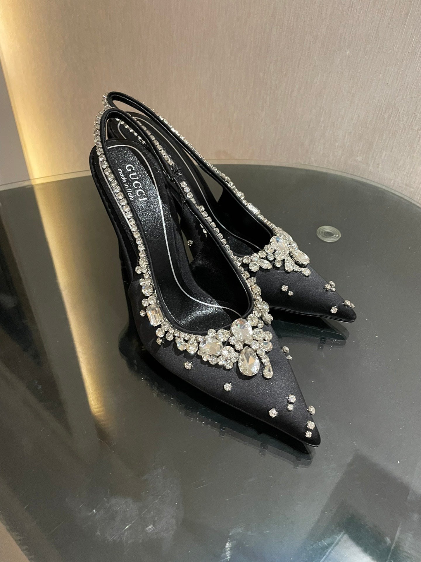 GG HIGH SLINGBACK 105 IN BLACK SATIN WITH CRYSTAL DIAMONDS
